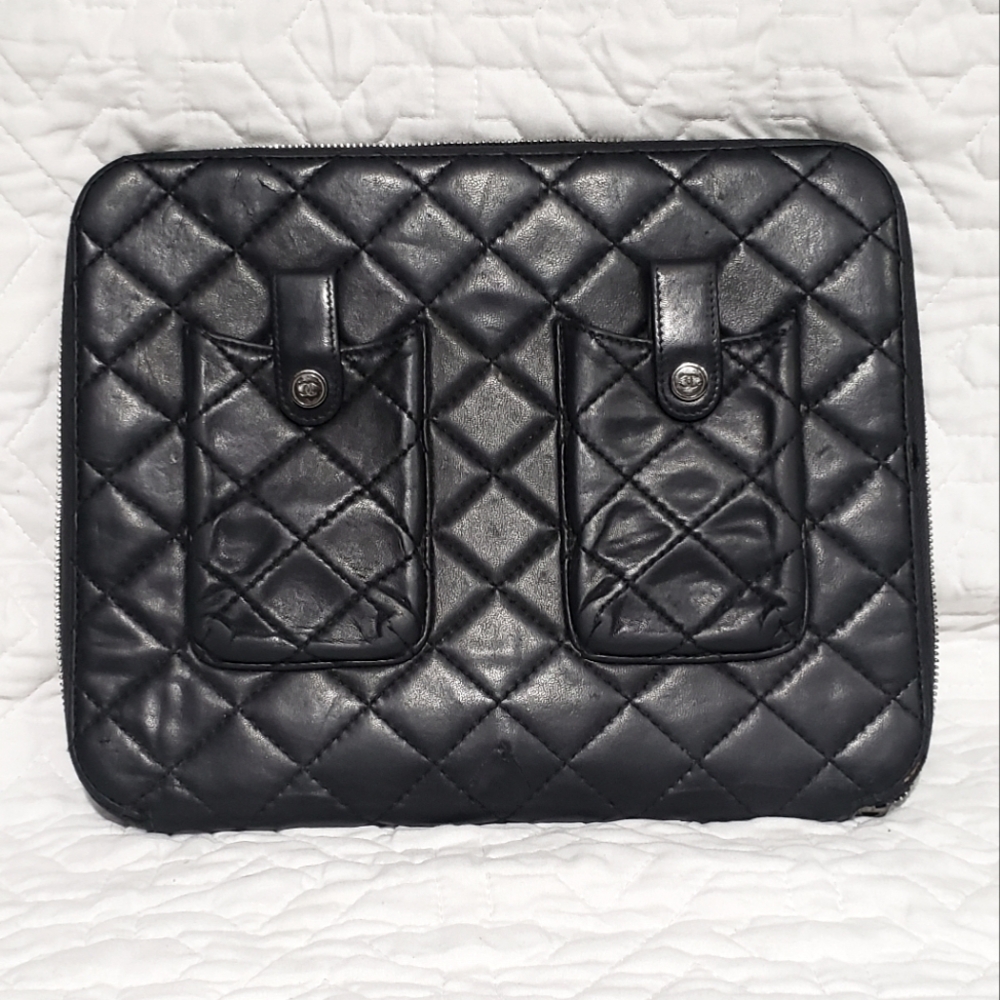 Chanel Black Quilted Lambskin Double Pocket Zip Around iPad Case